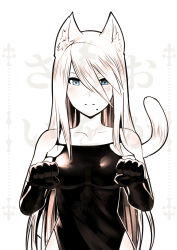 Rule 34 | 1girl, animal ears, black dress, black gloves, blue eyes, cat ears, cat tail, commentary, cowfee, dress, elbow gloves, gloves, hair between eyes, highres, kemonomimi mode, long hair, looking at viewer, mole, mole under mouth, nier (series), nier:automata, paw pose, simple background, solo, tail, upper body, very long hair, watermark, white background, white hair, a2 (nier:automata)