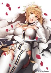 Rule 34 | 10s, 1girl, blonde hair, breasts, bridal veil, chain, cleavage, elbow gloves, fate/extra, fate/extra ccc, fate (series), garter straps, gloves, green eyes, groin, hair intakes, head wreath, highleg, highleg leotard, highres, leotard, lock, looking at viewer, lying, medium breasts, nero claudius (bride) (fate), nero claudius (bride) (second ascension) (fate), nero claudius (fate), nero claudius (fate) (all), on back, padlock, parted lips, petals, short hair, smile, solo, thighhighs, twitter username, veil, white gloves, white leotard, white thighhighs, yorozu, zipper, zipper pull tab