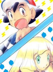 Rule 34 | 1boy, 1girl, ash ketchum, black hair, blonde hair, brown eyes, clenched hand, creatures (company), facial mark, game freak, green eyes, lillie (pokemon), long hair, looking at viewer, nintendo, pokemon, pokemon (anime), pokemon sm (anime), pout, shirt, short hair, split screen, striped clothes, striped shirt, t-shirt, whisker markings