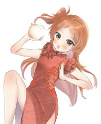 Rule 34 | 1girl, :o, absurdres, baozi, blush, china dress, chinese clothes, dress, dutch angle, floral print, food, frilled sleeves, frills, highres, idolmaster, idolmaster million live!, knee up, long hair, looking at viewer, ogami tamaki, one side up, orange hair, parted bangs, red dress, round teeth, shinagawa chii, side slit, simple background, solo, teeth, v-shaped eyebrows, white background, yellow eyes