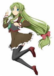 Rule 34 | 1girl, black thighhighs, blue eyes, brown dress, dress, full body, green hair, green necktie, hair ribbon, highres, index finger raised, long hair, low-tied long hair, mf bunko, necktie, original, red ribbon, ribbon, rumia (compacthuman), short necktie, simple background, solo, thighhighs, white background