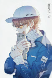 Rule 34 | 1boy, absurdres, animal, artist name, bad id, bad pixiv id, baseball cap, blue jacket, cat, dated, ear piercing, earrings, from side, glasses, glint, grey background, grey hat, hat, highres, holding, holding animal, holding cat, jacket, jewelry, lococo:p, long sleeves, looking at viewer, male focus, orange-tinted eyewear, original, piercing, ring, round eyewear, simple background, solo, sweater, tinted eyewear, upper body, white sweater