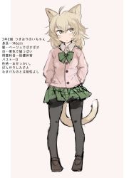 Rule 34 | 1girl, ahoge, animal ears, bad id, bad twitter id, blonde hair, blush, bow, bowtie, brown footwear, cat ears, cat tail, character sheet, closed mouth, collared shirt, full body, green bow, green bowtie, grey pantyhose, hands in pockets, highres, jacket, loafers, long sleeves, medium hair, original, pantyhose, pillarboxed, pink jacket, shirt, shoes, solo, tail, translation request, tsukiori, white shirt, wing collar, yellow eyes