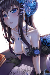 Rule 34 | 10s, 1girl, areola slip, arm garter, arm support, bare shoulders, beads, bent over, black dress, black gloves, black hair, blue eyes, blue flower, blue rose, blush, book, book stack, breasts, cleavage, coffee, collarbone, cup, desk, dress, earrings, eyebrows, floral print, flower, foreshortening, frilled gloves, frills, fumika bug, gloves, hair between eyes, hair flower, hair ornament, hair ribbon, hairband, hasaya, highres, idolmaster, idolmaster cinderella girls, idolmaster cinderella girls starlight stage, jewelry, lace, lace-trimmed dress, lace trim, large breasts, lens flare, light particles, long hair, mechanical pencil, mug, necklace, on desk, oversized breast cup, parted lips, pencil, print gloves, ribbon, rose, sagisawa fumika, shade, solo, sparkle, strapless, strapless dress, tiara, upper body, white background