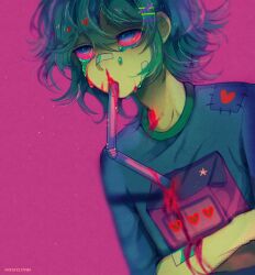 Rule 34 | 1boy, artist name, bandaid, bandaid on arm, bandaid on face, bandaid on nose, blood, blood on face, blue eyes, blue hair, blue shirt, box, colored sclera, commentary, crying, crying with eyes open, drinking, english commentary, eyelashes, hair ornament, hairclip, heart, heart print, holding, holding box, hoshi-pan, juice box, limited palette, looking up, male focus, original, oversized object, patch, pink background, pink sclera, shirt, short hair, solo, star (sky), star (symbol), star print, streaming tears, tears, upper body