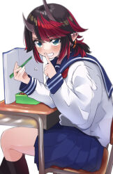 Rule 34 | 1girl, absurdres, alternate costume, alternate hairstyle, bento, black hair, black socks, blue eyes, blue sailor collar, blue skirt, blush, book, chair, chopsticks, clenched teeth, commentary request, demon girl, demon horns, desk, ear piercing, eating during class, feet out of frame, finger to mouth, food, hair between eyes, highres, holding, holding chopsticks, horns, looking at viewer, medium hair, multicolored hair, nanashi inc., neckerchief, open book, piercing, pleated skirt, pointy ears, red hair, red neckerchief, ryugasaki rene, sailor collar, school chair, school desk, school uniform, shirt, short ponytail, shushing, simple background, sitting, skirt, socks, solo, sugar lyric, teeth, two-tone hair, virtual youtuber, white background, white shirt, zono (inokura syuzo029)