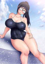 Rule 34 | 1girl, black hair, blue one-piece swimsuit, blush, breasts, cleavage, competition school swimsuit, competition swimsuit, covered navel, curvy, glasses, highres, houkago teibou nisshi, large breasts, long hair, looking at viewer, one-piece swimsuit, oono makoto, opaque glasses, parted lips, ponponmaru, ponytail, school swimsuit, sidelocks, sitting, solo, swimsuit, water, wet, wide hips