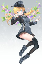 Rule 34 | 10s, 1girl, :d, bad id, bad pixiv id, black skirt, black thighhighs, blonde hair, blue eyes, buttons, flower, fumako, gloves, hat, highres, kantai collection, long hair, long sleeves, low twintails, military, military uniform, miniskirt, open mouth, peaked cap, pink flower, pleated skirt, prinz eugen (kancolle), purple flower, skirt, smile, solo, thighhighs, twintails, uniform, white gloves