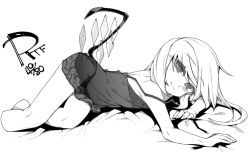 Rule 34 | 1girl, babydoll, bad id, bad twitter id, bed sheet, blush, closed mouth, flandre scarlet, greyscale, looking at viewer, lying, monochrome, no headwear, on side, panties, see-through, shamo (koumakantv), simple background, smile, solo, strap slip, touhou, underwear, white background