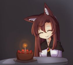 Rule 34 | 1girl, animal ear fluff, animal ears, birthday, birthday cake, black background, black cape, brooch, brown hair, cake, candle, cape, closed eyes, closed mouth, food, hair between eyes, imaizumi kagerou, jewelry, long hair, simple background, smile, solo, table, touhou, upper body, wolf ears, wool (miwol)