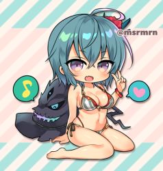 Rule 34 | 1girl, :d, ahoge, bad id, bad pixiv id, bare arms, bare legs, bare shoulders, barefoot, bikini, blue hair, blush, breasts, chibi, cleavage, collarbone, commentary request, diagonal stripes, eighth note, fang, flower, full body, hair between eyes, hair flower, hair ornament, halterneck, hand up, heart, highleg, highleg bikini, large breasts, layered bikini, mashiro miru, musical note, navel, open mouth, purple eyes, puzzle &amp; dragons, red flower, side-tie bikini bottom, sitting, smile, solo, spoken heart, spoken musical note, striped background, striped bikini, striped clothes, swimsuit, twitter username, v, vertical-striped bikini, vertical-striped clothes, wariza, zela (p&amp;d)