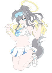 Rule 34 | 1girl, absurdres, animal ears, blue archive, blue eyes, gloves, grey hair, halo, hibiki (blue archive), hibiki (cheer squad) (blue archive), highres, masabodo, millennium cheerleader outfit (blue archive), navel, partially fingerless gloves, sticker on face, tail, yellow halo