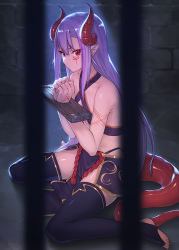 Rule 34 | 1girl, bare arms, bare shoulders, bars, black thighhighs, bound, bound wrists, breasts, clenched hands, collarbone, commentary request, criss-cross halter, dragon girl, dragon horns, dragon tail, facial mark, full body, hair between eyes, halterneck, horns, ibuki notsu, indoors, long hair, looking at viewer, melusine (ibuki notsu), original, pelvic curtain, pointy ears, purple hair, red eyes, shadow, sidelocks, sitting, small breasts, solo, stocks, tail, thighhighs, thighs, tsurime, very long hair, wariza