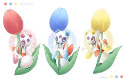 Rule 34 | alternate color, blue eyes, blue flower, character name, colored sclera, commentary request, creatures (company), flower, froslass, game freak, gen 4 pokemon, hands up, highres, holding, holding flower, looking at another, nintendo, no humans, pink eyes, pokemon, pokemon (creature), red flower, sasabunecafe, yellow eyes, yellow flower, yellow sclera