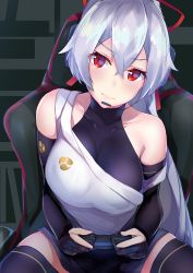 Rule 34 | 1girl, absurdres, bare shoulders, breasts, chair, commentary request, controller, fate/grand order, fate (series), hair ribbon, head tilt, headset, highres, large breasts, long hair, looking at viewer, nanakaku, playing games, ponytail, red eyes, reflection, ribbon, silver hair, sitting, solo, strap slip, tomoe gozen (fate), very long hair