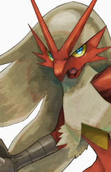 Rule 34 | blaziken, blue eyes, claws, colored sclera, commentary request, creatures (company), game freak, gen 3 pokemon, grey fur, highres, kikuyoshi (tracco), nintendo, open mouth, pokemon, pokemon (creature), simple background, solo, tongue, upper body, white background, yellow sclera