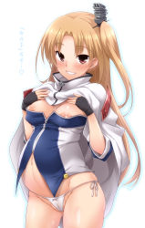 Rule 34 | 1girl, :d, azur lane, big belly, black gloves, blonde hair, blush, breasts, cameltoe, cleveland (azur lane), clothes lift, cowboy shot, fingerless gloves, gloves, grin, hands on own chest, headgear, heart, highres, lactation, lifted by self, long hair, looking at viewer, medium breasts, navel, nipple slip, nipples, no pants, one side up, open mouth, panties, parted bangs, partially visible vulva, pregnant, red eyes, ribbon, shiny skin, side-tie panties, skindentation, smile, solo, standing, stomach, strapless, teeth, thighs, translation request, underwear, white ribbon, yoshi tama
