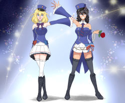 Rule 34 | 2girls, absurdres, adapted costume, andou (girls und panzer), arm behind back, arm up, bc freedom (emblem), black footwear, black hair, black legwear, blonde hair, blouse, blue bow, blue eyes, blue headwear, blue neckwear, blue shirt, blue sleeves, boots, bow, bowtie, brown eyes, coattails, collar, commentary request, cross-laced footwear, crossed legs, dark-skinned female, dark skin, detached collar, detached sleeves, diagonal-striped bow, diagonal-striped bowtie, diagonal-striped clothes, diagonal-striped necktie, diagonal-striped neckwear, double horizontal stripe, emblem, flower, french commentary, frilled legwear, frilled skirt, frilled sleeves, frills, full body, girls und panzer, girls und panzer senshadou daisakusen!, grin, hat, high collar, highres, holding, holding flower, idol, kepi, knee boots, lace-up boots, looking at viewer, medium hair, messy hair, military hat, miniskirt, multiple girls, necktie, official alternate costume, open mouth, oshida (girls und panzer), outstretched arm, partial commentary, pleated skirt, red bow, red flower, red neckwear, red rose, rose, shibainutank, shirt, short shorts, shorts, skirt, smile, sparkle, standing, strapless, strapless shirt, striped bow, striped bowtie, striped clothes, striped neckwear, thighhighs, tilted headwear, watson cross, white collar, white legwear, white shorts, white skirt