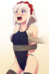 Rule 34 | 10s, 1girl, arms behind back, bare shoulders, bdsm, blush, bondage, bound, grabbing another&#039;s breast, breasts, chaika bogdan, earrings, grabbing, groping, hairband, hand under clothes, hitsugi no chaika, jewelry, lolita hairband, molestation, open mouth, purple eyes, rope, short hair, silver hair, solo focus, surprised, tears, teritama, thighhighs