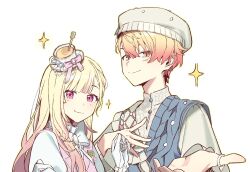Rule 34 | 1boy, 1girl, blonde hair, blunt bangs, brother and sister, chinese commentary, closed mouth, commentary request, gradient hair, hair down, hand on own chest, hat, highres, long hair, looking at viewer, multicolored hair, orange eyes, orange hair, outstretched hand, pink background, pink hair, project sekai, short hair, siblings, simple background, smile, sparkle, split mouth, tang fen yifu, tenma saki, tenma tsukasa, two-tone hair, upper body, white background