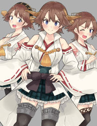 Rule 34 | 3girls, absurdres, boots, brown hair, commentary request, cowboy shot, detached sleeves, dokuganryuu, flipped hair, green skirt, grey background, hairband, headgear, hiei (kancolle), hiei kai ni (kancolle), highres, japanese clothes, kantai collection, looking at viewer, multiple girls, multiple persona, plaid, popped collar, ribbon-trimmed sleeves, ribbon trim, short hair, simple background, skirt, standing, thigh boots, thighhighs