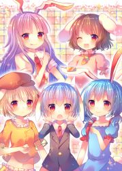 Rule 34 | 5girls, animal ears, black hair, blazer, blonde hair, blue dress, blue hair, blush, carrot necklace, coa (chroo x), collarbone, dango, dress, earclip, eyebrows, finger gun, floppy ears, food, hat, inaba tewi, jacket, jewelry, long hair, long sleeves, looking at viewer, midriff, multiple girls, navel, necklace, necktie, one eye closed, open mouth, puffy short sleeves, puffy sleeves, purple hair, rabbit ears, red eyes, red necktie, reisen, reisen udongein inaba, ringo (touhou), seiran (touhou), shirt, short hair, short sleeves, shorts, smile, sparkle, star (symbol), tongue, tongue out, touhou, very long hair, wagashi, yellow shirt
