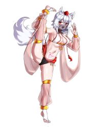Rule 34 | 1girl, animal ears, arabian clothes, bracelet, collar, dancer, earrings, fang, flexible, full body, harem outfit, hat, highres, inubashiri momiji, jewelry, leg lift, leg up, midriff, mouth veil, navel, open mouth, pubic tattoo, red eyes, simple background, split, standing, standing on one leg, stomach, taeminhyeon, tail, tattoo, toeless legwear, toes, tokin hat, touhou, underwear, veil, white background, wolf ears, wolf tail