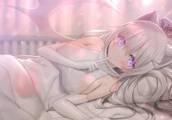 Rule 34 | 1girl, absurdres, animal ears, bare shoulders, bed sheet, blanket, blonde hair, blurry, blurry background, blush, breasts, cat ears, closed mouth, demon girl, depth of field, elbow gloves, finger to mouth, gloves, highres, huge filesize, index finger raised, large breasts, lens flare, long hair, looking at viewer, lying, on bed, on side, original, pillow, purple eyes, shushing, sideboob, sleeveless, smile, solo, star (symbol), star in eye, symbol in eye, under covers, white gloves, white wings, wings, yano mitsuki (nanairo)