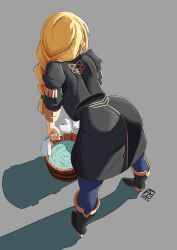 Rule 34 | 1girl, ass, automatic giraffe, bent over, blonde hair, boots, braid, bucket, commentary, english commentary, fire emblem, fire emblem: three houses, full body, garreg mach monastery uniform, grey background, highres, holding, holding bucket, ingrid brandl galatea, nintendo, pantyhose, shadow, simple background, skirt, solo, water, watermark, wooden bucket