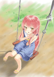 Rule 34 | 10s, 1girl, absurdres, blush, brown eyes, dress, emanuella porlallora, from above, hentai ouji to warawanai neko., highres, holding, holding hair, long hair, looking up, open mouth, pink hair, sandals, shitou (1992116210), sitting, solo, swing, tears, toes