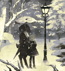 Rule 34 | 1girl, animal, bare tree, black dress, black footwear, boots, child, closed eyes, dress, goat, greyscale, highres, holding, holding another&#039;s arm, holding umbrella, hooves, horns, lamppost, long sleeves, looking at another, monochrome, original, peter pan collar, short hair, snow, snowing, tono (rt0no), tree, umbrella, winter, yellow theme