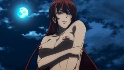 Rule 34 | 1girl, animated, animated gif, breast hold, breasts, brown eyes, brown hair, finger to mouth, full moon, jinno misuzu, kyochuu rettou, large breasts, long hair, looking at viewer, moon, night, nipples, shushing, solo, upper body