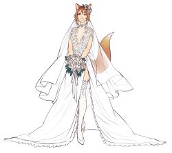 Rule 34 | 1girl, absurdres, animal ears, bouquet, breasts, brown eyes, brown hair, cleavage cutout, clothing cutout, commission, dress, flower, fox ears, fox tail, full body, high heels, highres, holding, kiyone, kiyone (psychofox), long dress, looking at viewer, manosdetrapo, medium breasts, original, rose, side slit, sleeveless, sleeveless dress, smile, solo, standing, tail, thighhighs, transparent background, veil, wedding dress, white dress, white flower, white footwear, white rose, white thighhighs
