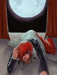 Rule 34 | 1boy, constricted pupils, curtains, full moon, hair over one eye, hand in own hair, looking at viewer, male focus, moon, pants, parted lips, red eyes, red hair, short hair, solo, the king of fighters, top-down bottom-up, yagami iori
