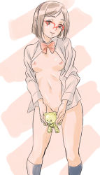 Rule 34 | 1girl, artist request, beargguy iii, blouse, blue socks, breasts, brown hair, convenient censoring, glasses, gundam, gundam build fighters, holding, holding stuffed toy, kneehighs, kousaka china, nipples, open clothes, open shirt, pussy, shirt, short hair, small breasts, socks, solo, standing, stuffed toy
