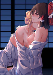 2girls absurdres blonde_hair blush bow breasts brown_hair collarbone hair_bow hair_tubes hakurei_reimu highres hug indoors japanese_clothes kimono long_hair medium_breasts mokutan_(link_machine) multiple_girls night nipples open_mouth red_eyes smile teeth touhou upper_teeth_only white_kimono yakumo_yukari yuri