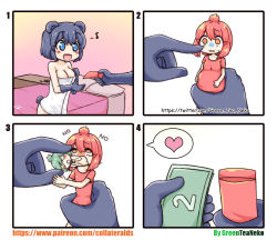 Rule 34 | 3girls, 4koma, :d, :o, absurdres, animal ears, artist name, bad id, bad pixiv id, bed, black hair, blue eyes, blue gloves, blush stickers, breasts, brown eyes, cleavage, comic, commentary request, eighth note, elbow gloves, fur gloves, gloves, green hair, greenteaneko, hair between eyes, heart, highres, holding, holding money, medium breasts, money, multiple girls, musical note, naked towel, open mouth, original, parted lips, personification, pillow, pregnant, red hair, small breasts, smile, spoken heart, square 4koma, sweat, tail, tears, towel, turn pale, watermark, wavy mouth, web address