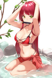 Rule 34 | 1girl, absurdres, armpits, arms up, bikini, breasts, cleavage, collarbone, green eyes, haneramu, highres, holding, holding knife, kneeling, knife, knife in mouth, large breasts, long hair, looking at viewer, mouth hold, original, red bikini, red hair, sarong, sideboob, solo, straight hair, swimsuit, tying hair, underboob, very long hair, water, white background