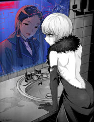 Rule 34 | 2girls, ace attorney, ace attorney investigations, ace attorney investigations: miles edgeworth, arm support, artist name, back, back cutout, backless dress, backless outfit, bathroom, black eyes, black hair, broken mirror, callisto yew, china dress, chinese clothes, closed mouth, clothing cutout, commentary, commission, different reflection, dress, dual persona, elbow gloves, english commentary, freckles, fur collar, gloves, green jacket, highres, indoors, jacket, long hair, looking at another, looking at mirror, maro (mrmrbim), mirror, multiple girls, necktie, partially colored, reflection, shih-na, short hair, side slit, sink, smile, spoilers, standing, tile wall, tiles, wet, white necktie