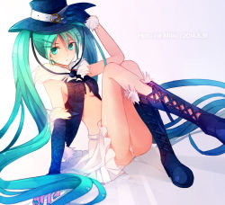 Rule 34 | 10s, 1girl, 2014, boots, character name, cross-laced footwear, dated, gloves, green eyes, green hair, hair ornament, hairclip, hat, hatsune miku, highres, knee boots, lace-up boots, long hair, matching hair/eyes, q-chiang, sitting, skirt, solo, twintails, very long hair, vocaloid