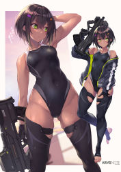 Rule 34 | 1girl, arms note, assault rifle, black gloves, black hair, black thighhighs, breasts, bullpup, competition swimsuit, covered navel, dark-skinned female, dark skin, fukai ryosuke, gloves, gluteal fold, green eyes, gun, hair ornament, highres, holding, holding gun, holding weapon, jacket, looking at viewer, one-piece swimsuit, original, personal defense weapon, rifle, short hair, skindentation, swimming club president (fukai ryousuke), swimsuit, swimsuit under clothes, thighhighs, thighs, toeless legwear, weapon, wet