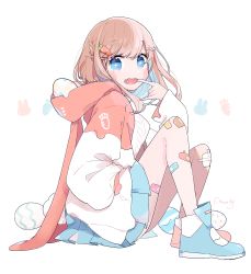 Rule 34 | 1girl, aran sweater, asymmetrical footwear, bandaid, bandaid on knee, bandaid on leg, blue eyes, blue footwear, blue hair, blue skirt, blush stickers, braid, breasts, brown hair, cable knit, carrot hair ornament, chon (chon33v), commentary request, easter, easter egg, egg, fang, finger in own mouth, flower, food-themed hair ornament, hair ornament, hairclip, hand in pocket, hand up, highres, hood, hood down, hooded jacket, jacket, long hair, long sleeves, looking at viewer, looking to the side, mismatched footwear, mouth pull, multicolored hair, open clothes, open jacket, open mouth, original, pink flower, pleated skirt, puffy long sleeves, puffy sleeves, shoes, sitting, skirt, small breasts, solo, sweater, two-tone hair, white jacket, white sweater, wide sleeves