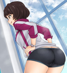 Rule 34 | 1girl, :p, ass, bike shorts, black shorts, brown eyes, brown hair, cameltoe, closed mouth, cloud, cloudy sky, cowboy shot, day, dutch angle, from behind, grey jacket, hands on own hips, highres, indoors, jacket, leaning forward, long sleeves, no pants, nurugamer-kouyouju, shinmon megumi, short hair, short shorts, shorts, sky, solo, standing, tomica hyper rescue drive head: kidou kyuukyuu keisatsu, tongue, tongue out, track jacket, trefoil, watch, window, wristwatch