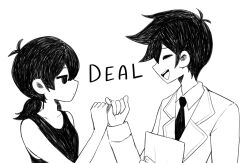 Rule 34 | 1boy, 1girl, ahoge, aliceyawnin, black eyes, black hair, black shirt, closed eyes, closed mouth, collarbone, collared shirt, english text, expressionless, formal, from side, genderswap, genderswap (mtf), hero (omori), highres, holding, holding paper, looking at another, low twintails, mob face, monochrome, omocat (style), omori, omori (omori), open mouth, paper, pinky swear, shirt, short hair, short twintails, simple background, sleeveless, sleeveless shirt, smile, suit, teeth, twintails, upper teeth only, white background