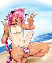 Rule 34 | 1boy, abs, absurdres, astolfo (fate), beach, bikini, braid, double v, earrings, covered erect nipples, erection, fate/apocrypha, fate (series), french braid, heart, heart-shaped pupils, highres, jewelry, large penis, long hair, male focus, muscular, navel, ocean, open mouth, nail polish, penis, pink eyes, pink hair, ponytail, precum, ring, side-tie bikini bottom, smile, squatting, swimsuit, symbol-shaped pupils, tammaro, tammdraws, tan, tanline, testicles, trap, uvula, v, veins, veiny penis, wristband