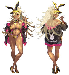 Rule 34 | 1girl, absurdres, animal ears, animal print, bikini, blonde hair, blush, bracelet, breasts, brown eyes, cleavage, commentary request, dark-skinned female, dark skin, drill hair, earrings, fake animal ears, from behind, gem, hand on own hip, hand up, high heels, highleg, highleg bikini, highres, hoop earrings, jacket, jewelry, kneepits, large breasts, lips, long hair, looking at viewer, looking back, mole, mole on stomach, navel, off shoulder, one eye closed, open clothes, open jacket, original, rabbit ears, senri gan, serika (bunnystein fantasy), shiny skin, sidelocks, simple background, solo, stomach, swimsuit, tan, thighs, visor cap