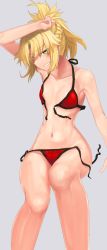 Rule 34 | 1girl, bikini, blonde hair, blue background, fate/apocrypha, fate/grand order, fate (series), front-tie bikini top, front-tie top, green eyes, grin, i-pan, mordred (fate), mordred (fate) (all), mordred (fate/apocrypha), mordred (swimsuit rider) (fate), mordred (swimsuit rider) (first ascension) (fate), navel, ponytail, red bikini, side-tie bikini bottom, simple background, smile, solo, swimsuit, untied bikini