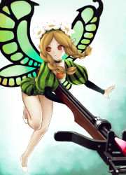 Rule 34 | 1girl, bad id, bad pixiv id, blonde hair, bow (weapon), braid, butterfly wings, crossbow, dress, fairy, flower, hair flower, hair ornament, hiro1984, insect wings, long hair, mercedes (odin sphere), odin sphere, pointy ears, puff and slash sleeves, puffy sleeves, solo, twin braids, weapon, wings