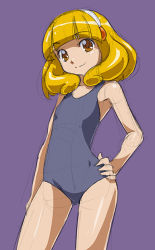 Rule 34 | 10s, 1girl, blonde hair, hairband, hand on own hip, kise yayoi, looking at viewer, one-piece swimsuit, precure, purple background, rohitsuka, short hair, simple background, sketch, smile, smile precure!, solo, swimsuit, white hairband, yellow eyes