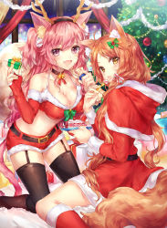 Rule 34 | 2girls, ahoge, animal ears, arms up, bad id, bad pixiv id, bare shoulders, bell, belt, black belt, black choker, black headband, black legwear, blush, boots, borrowed character, bow, breasts, cake, cake slice, cat ears, cat tail, cherry, choker, christmas, christmas ornaments, christmas tree, cleavage, commentary request, crop top, dress, facial mark, fake antlers, fang, fingerless gloves, food, fruit, fur-trimmed boots, fur-trimmed dress, fur-trimmed shorts, fur-trimmed sleeves, fur trim, garland (decoration), garter straps, gift, gloves, gold, green bow, halterneck, headband, holding, holding gift, holding plate, hood, indoors, kneeling, long hair, looking at viewer, medium breasts, multiple girls, neck bell, open mouth, orange bow, orange hair, original, pink eyes, pink hair, plate, red dress, red footwear, red shorts, sack, shorts, single stripe, sitting, striped, striped bow, tail, thighhighs, very long hair, wariza, whisker markings, white bow, window, yellow eyes, yuli (yulipo)